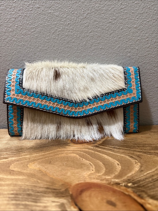 Handbags - Genuine leather wallet-Handcrafted Leather Cowhide Wallet Tooled Turquoise; NWOT